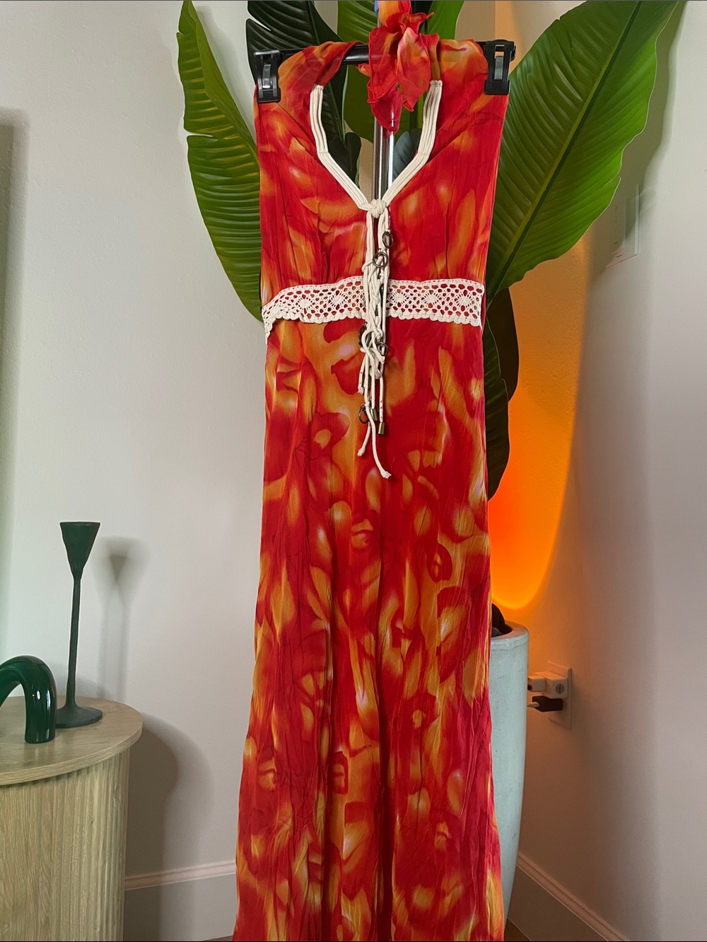 Girls' Summer Maxi Dress with Crochet Waist in Red and Orange